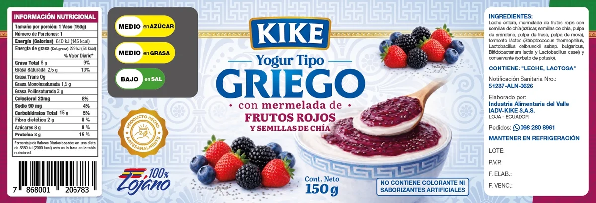 Etiqueta real de Yogurth Griego con Frutos Rojos y Semillas de Chía