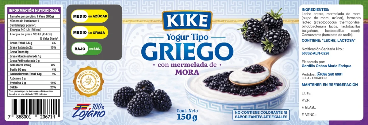 Etiqueta real de Yogurth Griego Sabor Fresa KIKE