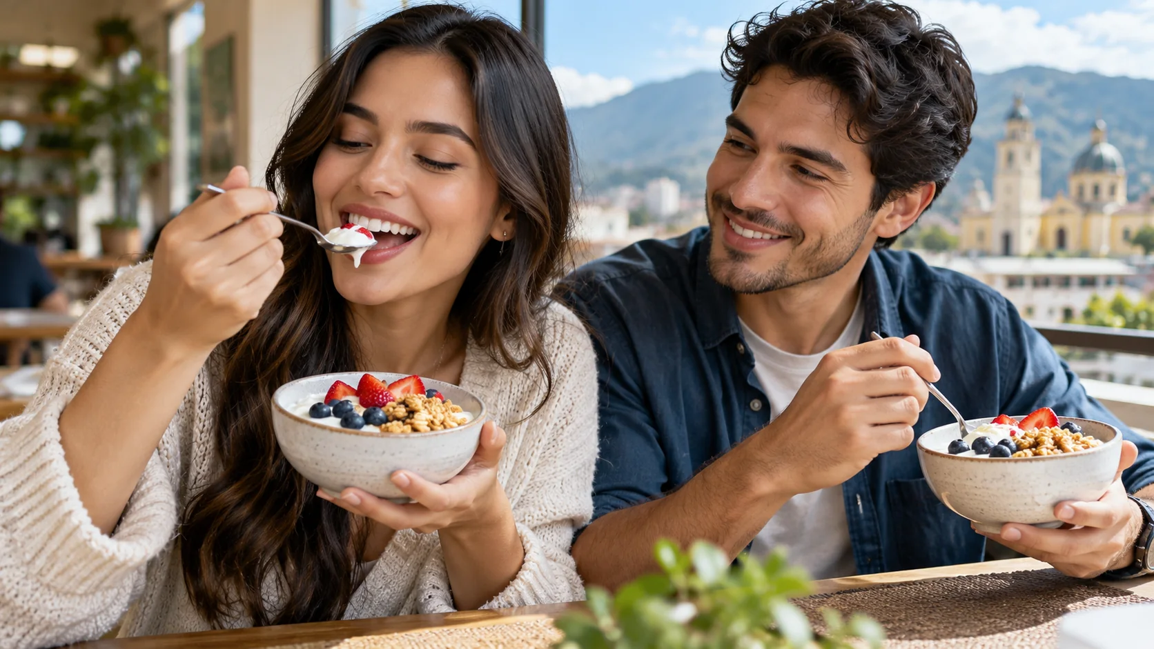 Pareja disfrutando de un desayuno luminoso con yogurth griego y frutas