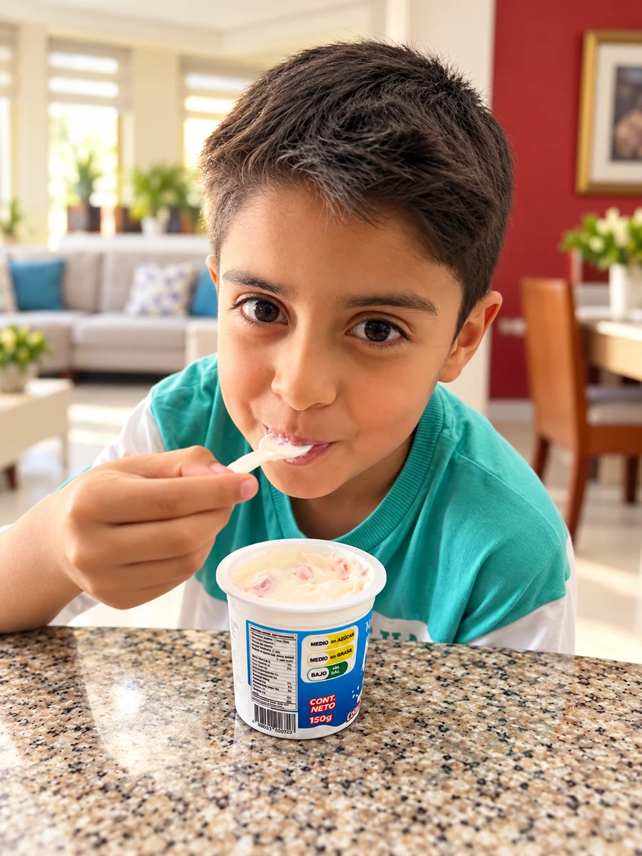Niña sonriendo mientras saborea yogurth de fresa artesanal