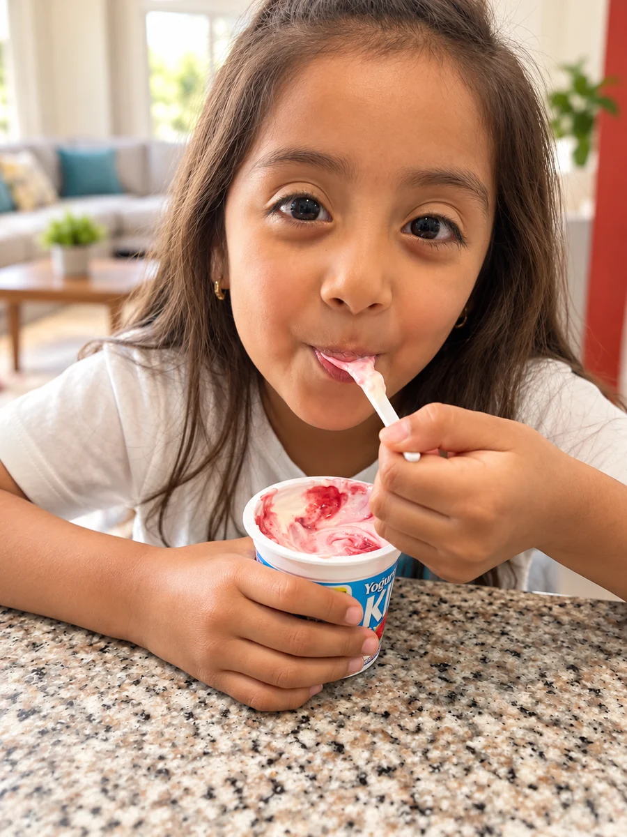 Niña disfrutando yogurth griego con chispas de chocolate y mora
