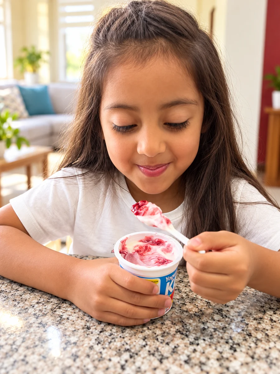 Niño compartiendo una sonrisa con su vaso de yogurth KIKE