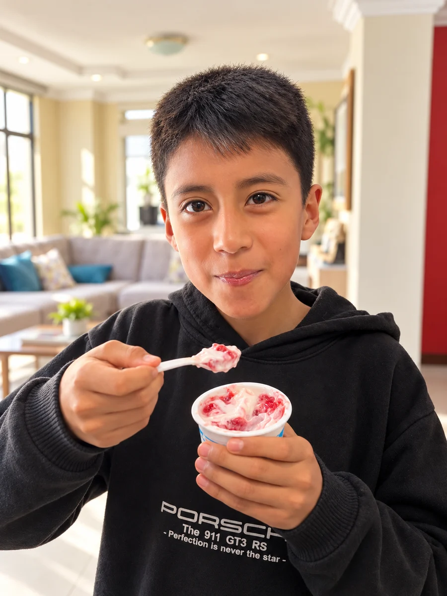 Niña feliz con su yogurth de mora KIKE en casa