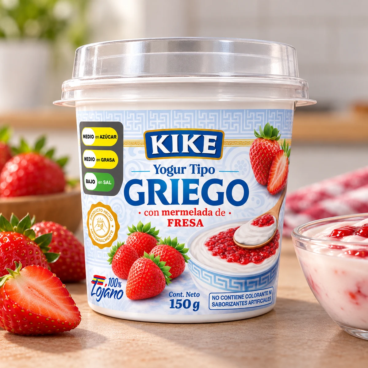 Fotografía real de Yogurth Griego KIKE Fresa con fresas naturales